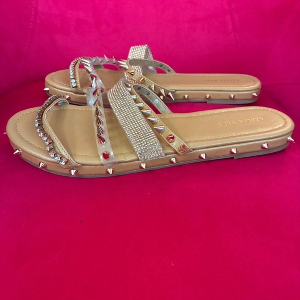 Azalea Wang Tan Studded Rhinestone Slide Sandals Women's size 9 like new - Picture 3 of 7